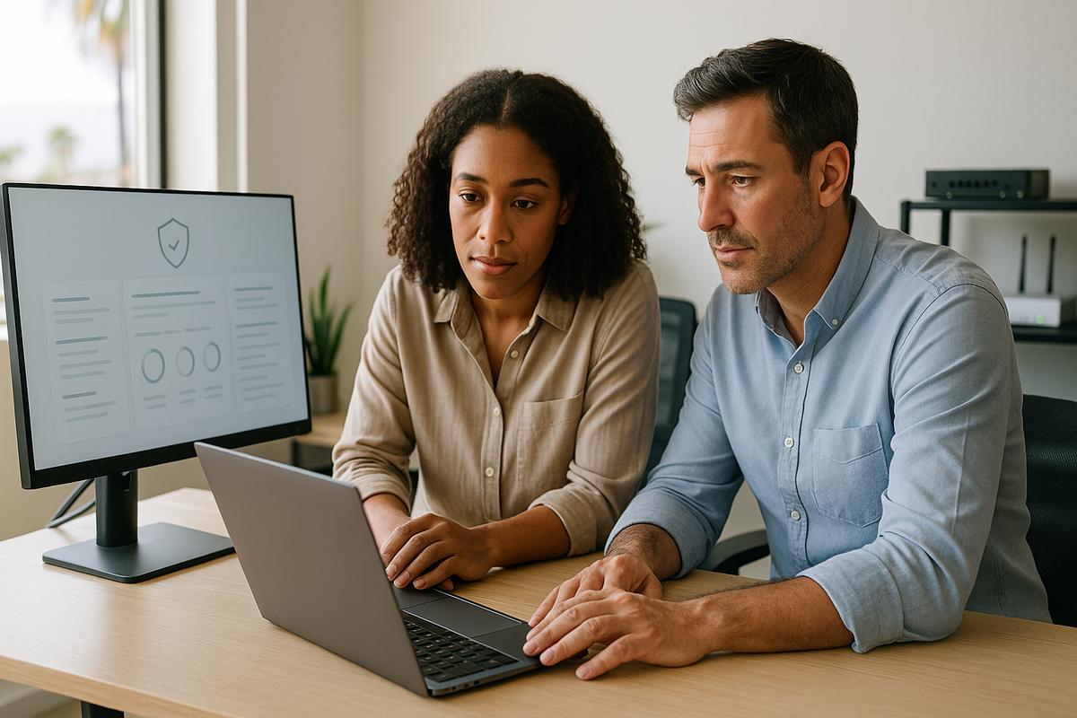 Small business team reviewing security information on a laptop in a modern office.