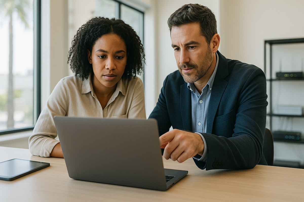 Small business team reviewing a laptop in a modern office while planning email and cloud security improvements.