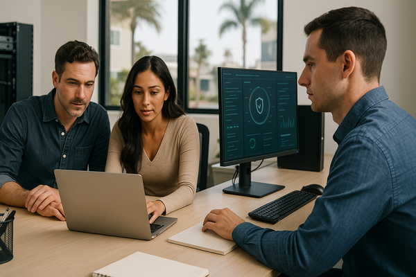 Small business team reviewing laptop security with an IT professional in a modern office.