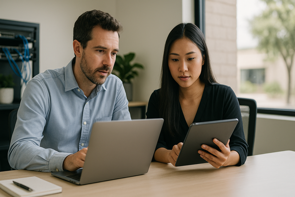 Small business team reviewing technology and security settings on a laptop in a modern office.