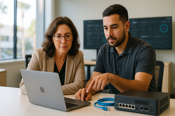 Small business team reviewing office technology and network equipment on a desk