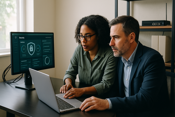 Small business team reviewing security and cloud settings on office computers