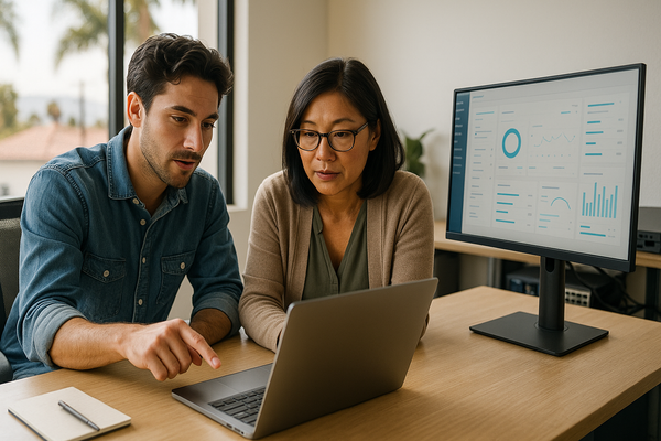 Small business team reviewing IT systems on a laptop in a modern office.