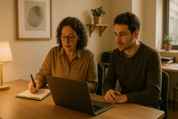 Office manager and colleague reviewing business software subscriptions on a laptop in a small office