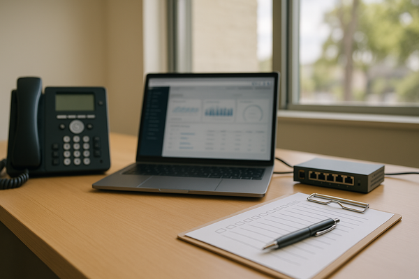 Small business office desk with a laptop, phone, network switch, and IT renewal checklist.