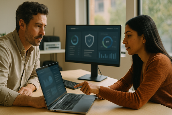Small business staff reviewing a computer security dashboard in a modern office.