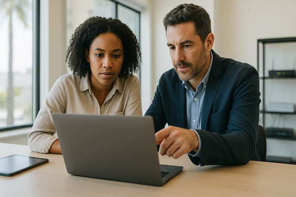 Small business team reviewing a laptop in a modern office while planning email and cloud security improvements.