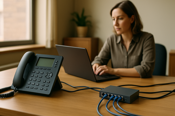 Modern VoIP office phone beside a laptop and small network switch on a clean business desk