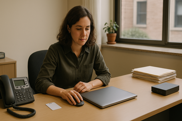 Office desk with a laptop, VoIP phone, access card, files, and network equipment representing employee offboarding IT.